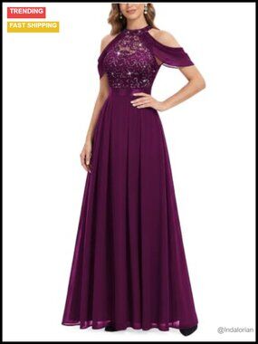 Lace Sequin Chiffon Bridesmaid Maxi Dress Cowl Neck Halter Formal